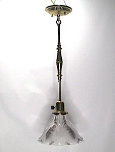 Vintage brass pendant light with holophane style ribbed clear shade - Picture 1 of 5