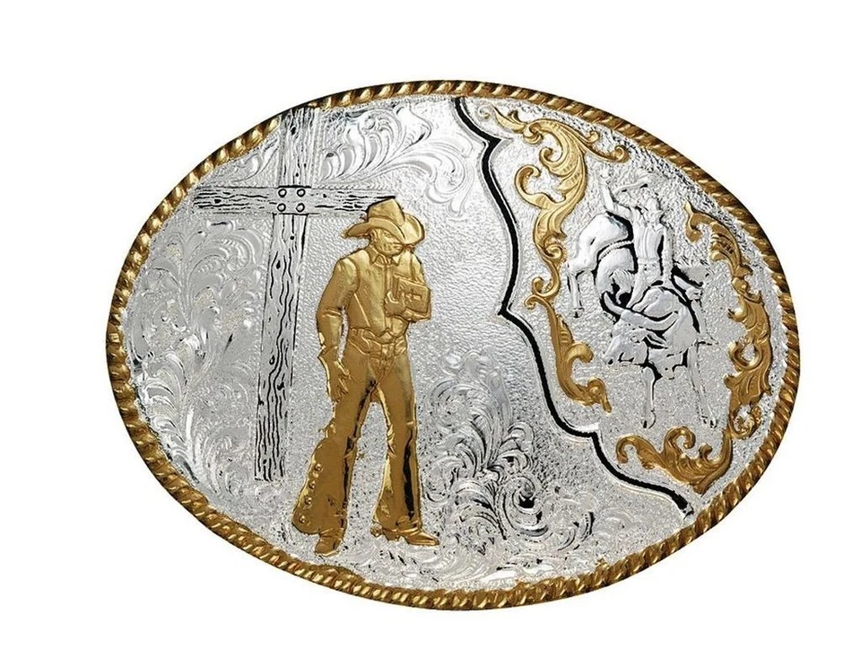 Crumrine Western Belt Buckle Oval Pray Cowboy Silver Gold C15106 - Image 1 of 1