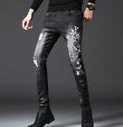 Mens Embroidery Floral Dragon Stretch Denim Jeans Pencil Pants Casual Trousers