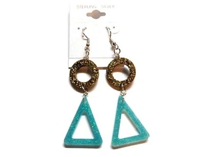 Geometric Shape Earrings Circle Triangle Gold Aqua Glitter Sterling Silver - Picture 1 of 1