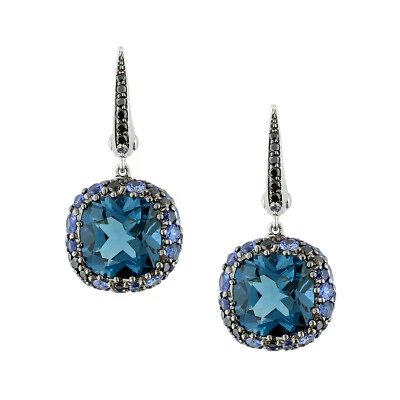 London Blue Topaz, Sapphire & Black Diamond Drop Earrings 18K White Gold 9.68ctw - Image 1 of 4
