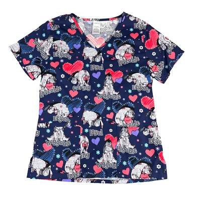 DISNEY Eeyore Scrub Top Women's Extra Small Blue Pink Short Sleeve V-Neck Hearts - Image 1 of 4