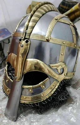 Casco de armadura vikinga medieval Coppergate recreación cadena correo casco nasal  Foto 1 de 4