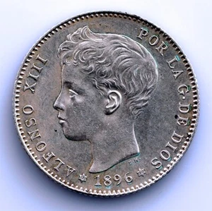 S.C.Alfonso 13° . 1 Peseta 1896*18-96 Madrid. EBC / XF Argento 5 G.Originale - Picture 1 of 2
