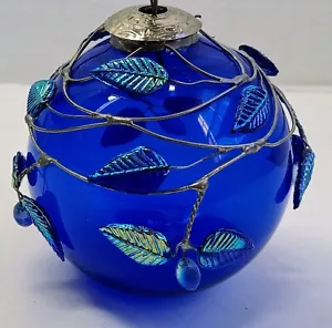 Grande sfera vintage Midwest vetro blu ornamento foglie vetro fiori finestra sfera - Foto 1 di 11