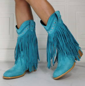 Women Suede Chelsea Boots Sexy Tassel Rivet Western Cowboy New Shoes Blue US4-13
