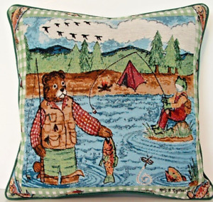 Camping- Whimsical  Dressed Bear & Frog Fishing, Tent, Birds Tapestry Pillow New