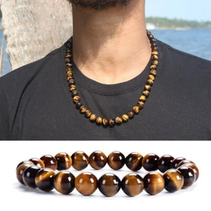 Collar de cuentas de tigre naturales de 8 mm para hombre 24"" pulseras de yoga meditación 7,5"" EE. UU. - Imagen 1 de 8