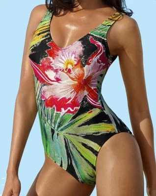 BADEANZUG schwarz-grün-fuchsia-gelb VERDECKTE FORMBÜGEL Gr.36 CUP B NEU - Bild 1 von 2