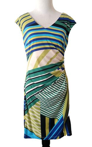 VETEMENTS Abito Roz & Ali senza maniche scollo a V increspato righe multicolore lunghezza ginocchio taglia 6