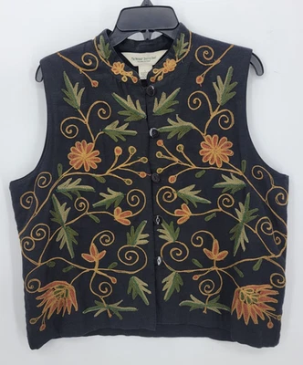 Vermont Country Store Vest Womens Large Black Embroidered Artsy Boho Button Up - Image 1 of 4