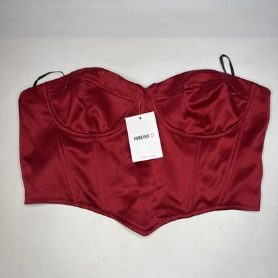 Corsé Forever 21 Borgoña Satinado Top Sin Tirantes Cremallera Trasera Reunida Talla Grande Foto 1 de 4