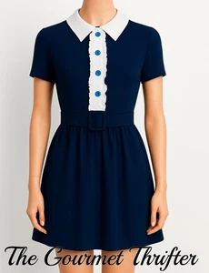 ModCloth Size 2 Navy Blue Belted Dress White Ruffle Trim & Blue Buttons Retrođź’™ - Picture 1 of 12