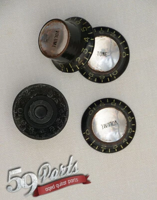 4 AGED RELIC GIBSON REFLECTOR KNOBS BLACK/SILVER 59 PARTS US SIZE GIBSON SG