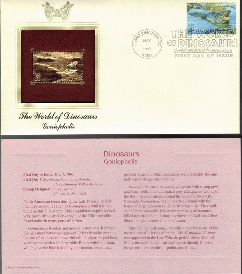 The World of Dinosaurs--Goniopholis--1st day issue-Golden Replica - Image 1 of 1