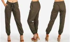 Women's Linen Drawstring Pants with Zipper Pockets - Green - MEDIUM - Picture 1 of 1