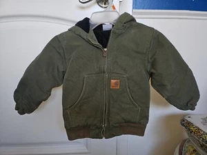 Carhartt Green Duck Canvas Kids Quilted Lined Hooded Jacket Size XXS - Picture 1 of 8