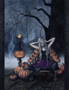Gothic Halloween Fantasy Art PRINT Pumpkins Ghosts Queen Throne Dark Night - Picture 1 of 1