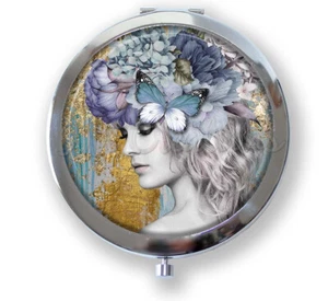 Flower Theme Boho Woman - Handmade Compact Mirror Keepsake Bridal - Picture 1 of 4