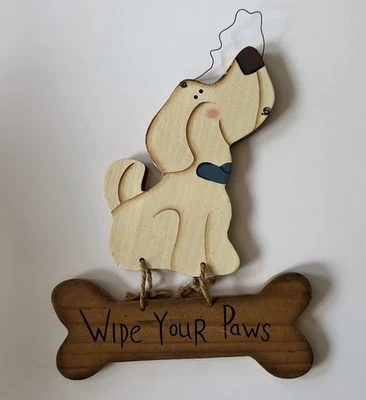 Wipe Your Paws Hanging Wall Decor Sign Dogs Pets Animals Wooden Bone - Image 1 of 4