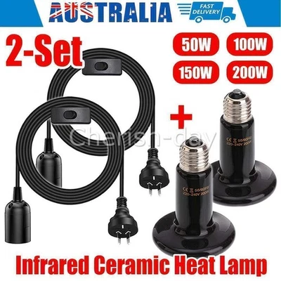 2 Set Heat Emitter Lamp Reptile Brooder Ceramic Infrared Light + Lead& Switch AU - image 1 of 4