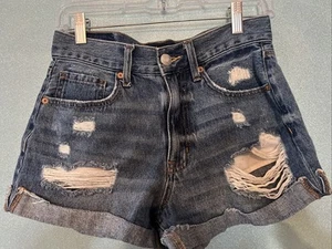AEROPOSTALE MEDIUM WASH DISTRESSED ROLL CUFF HIGH RISE DENIM JEAN MOM SHORT 4 - Picture 1 of 3