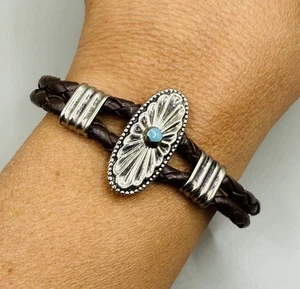 Southwestern Silver Turquoise Blue Brown Leather Braided Bangle Cuff Bracelet - Picture 1 of 3