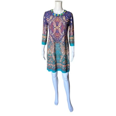 LONDON TIMES Womens Size 4 Paisley Tribal Print Long Sleeve Beaded Shift Dress - Image 1 of 4