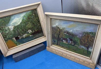 H ROSTEN SIGNED FOLK ART 1950S FRAMED PAIR OF PAINTINGS Moses style - Image 1 of 4