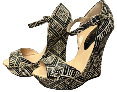 Women's Madden Girl Attitude Tribal Aztec Boho Wedge Platform Shoe Black Tan 7 - Image 1 of 4
