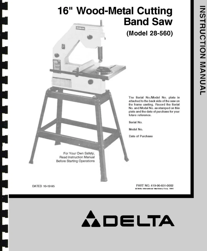 Delta 16 英寸带锯说明书型号 # 28-560 — 第 1/1 张图片