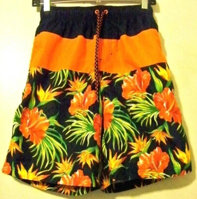 Faded Glory Mens Black and Orange Floral Swim Trunks Size Small 28-30 - Image 1 of 2