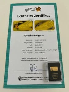1/100 oz Goldbarren 999,9 Gold „50 Jahre die Maus“, mit Zertifikat, Spiegelglanz - Bild 1 von 2