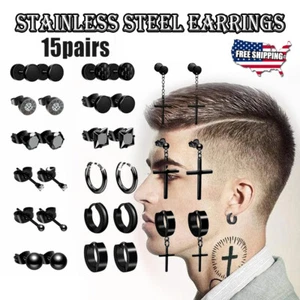 15 Pairs Stainless Steel Hoop Earrings Black Cross Dangle Ear Piercing Men Women - Picture 1 of 12