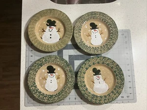 Three Rivers Pottery 1993 Snowman 8" Plate Stoneware Set Of 4 - Picture 1 of 2
