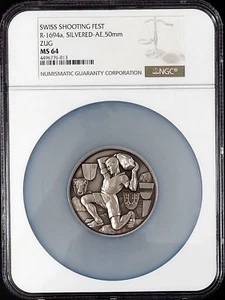 Swiss Shooting Fest Medal, R-1694a, Silvered-AE, 50 mm, Zug, MS 64 by NGC! - Picture 1 of 7