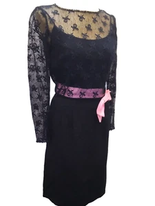 Vintage 1960's Black Rayon Mesh Pink Satin Cocktail Dress Ann Barry Jr Small - Picture 1 of 8