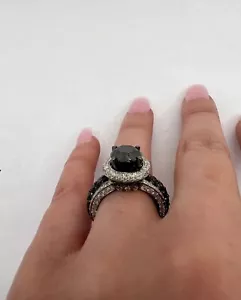 3Ct Round Cut Lab Created Black Diamond Halo Wedding Ring 14K White Gold Plated - Picture 1 of 9