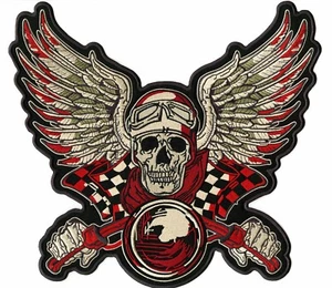 Victory Speed Racing Skull Patch 13" | Checkered Skeleton | Embroidered Iron On - Picture 1 of 4