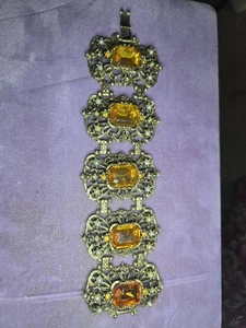 Vintage Large Panel Yellow Rhinestone 7 Inch Bracelet 1970s - Picture 1 of 10