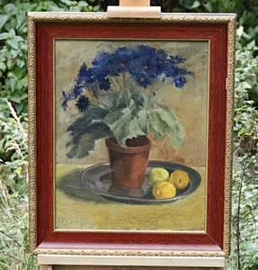 Bodegón antiguo con flores azules y limones - Cuadro al óleo con marco - Imagen 1 de 7