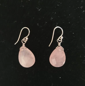 Pendientes colgantes de lágrima facetados de plata esterlina de cuarzo rosa raros de colección .925 W1057 - Imagen 1 de 4
