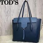 TOD&#39;s Leather Logo Embossed Navy Flap A4 Storage Tote Bag Authentic From Japan