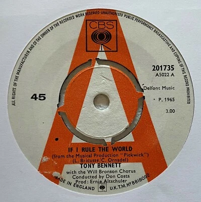 TONY BENNETT ~ IF I RULED THE WORLD ~ 1965 UK "PROMO" VINYL 7" SINGLE - Image 1 of 2