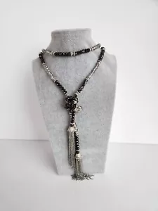 Collana Nappa Vintage Silvtone Corda Lunga Cristalli Fumo Marrone Chiaro In perfette condizioni - Foto 1 di 10