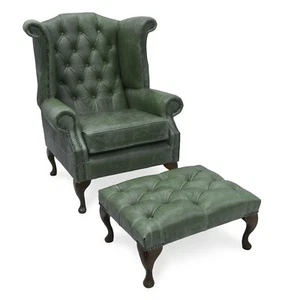 Chesterfield Queen Anne High Back Wing Chair &Footstool in Vintage Green Leather - Picture 1 of 10