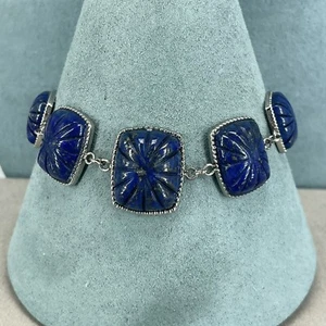 Lapis Lazuli bracelet Stainless Steel Gemstone Blue carved silver tone toggle - Picture 1 of 11