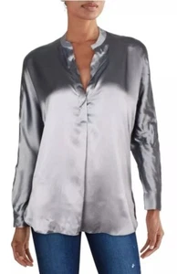 Vince Seidenhemd Silber Lavendel Band Kragen Langarm Top Bluse - 12 - Neu mit Etikett - Bild 1 von 4