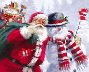 35" Fabric Panel - David Textiles Digital Christmas Santa Claus & Snowman Scene - Picture 1 of 1