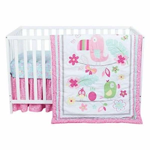 New Trend Labs Tropical Tweets 3 Piece Crib Set Pink Birds Floral HTF - Picture 1 of 5